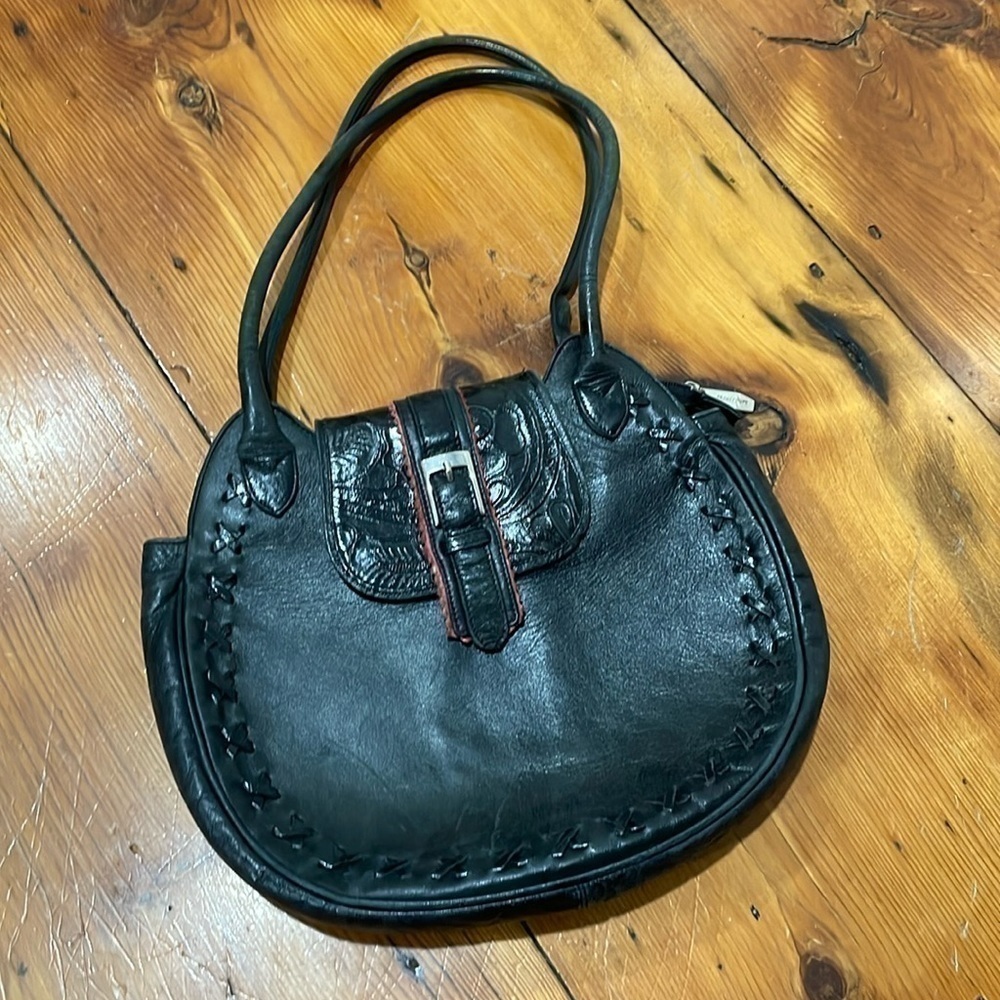 Berge Womens Round Double Handle Shoulder Bag Black Medium Genuine Leather